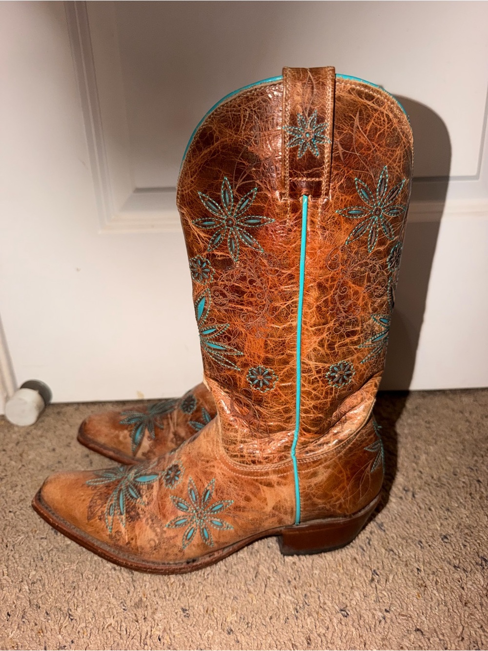 Shyanne Rust Brown Leather Western Boots with Turquoise Stitching Size 8 1/2